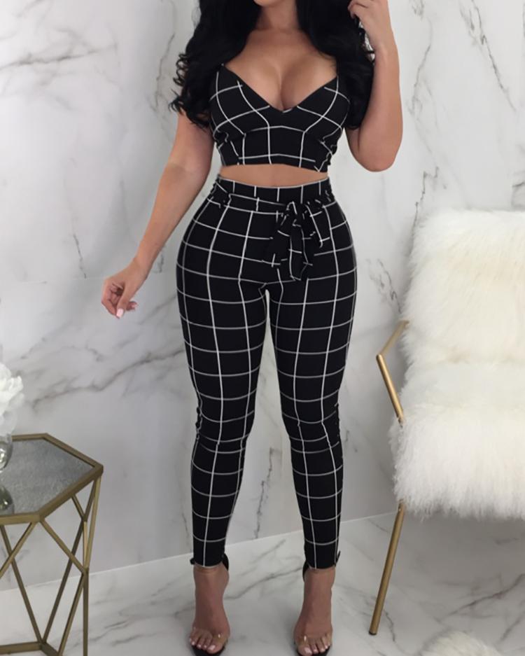 

Checked Print Spaghetti Strap Crop Top And Pants Set, Black