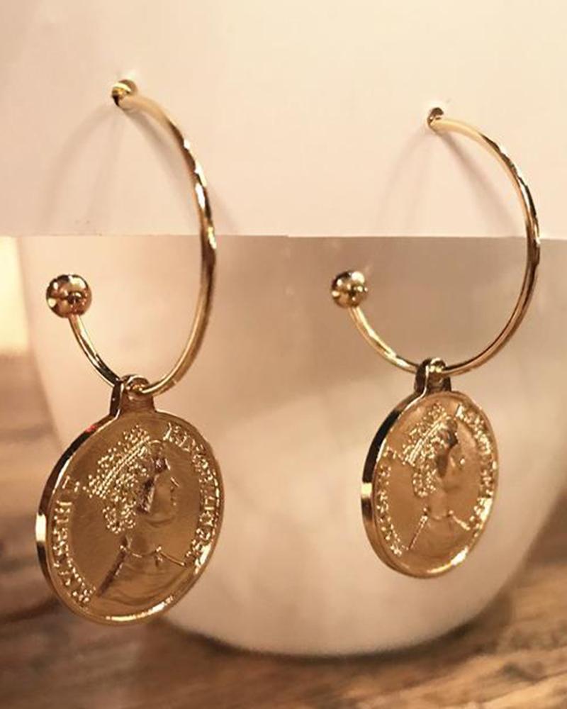 

1Pair Vintage Coin Fashionable Hoop Earrings, Gold
