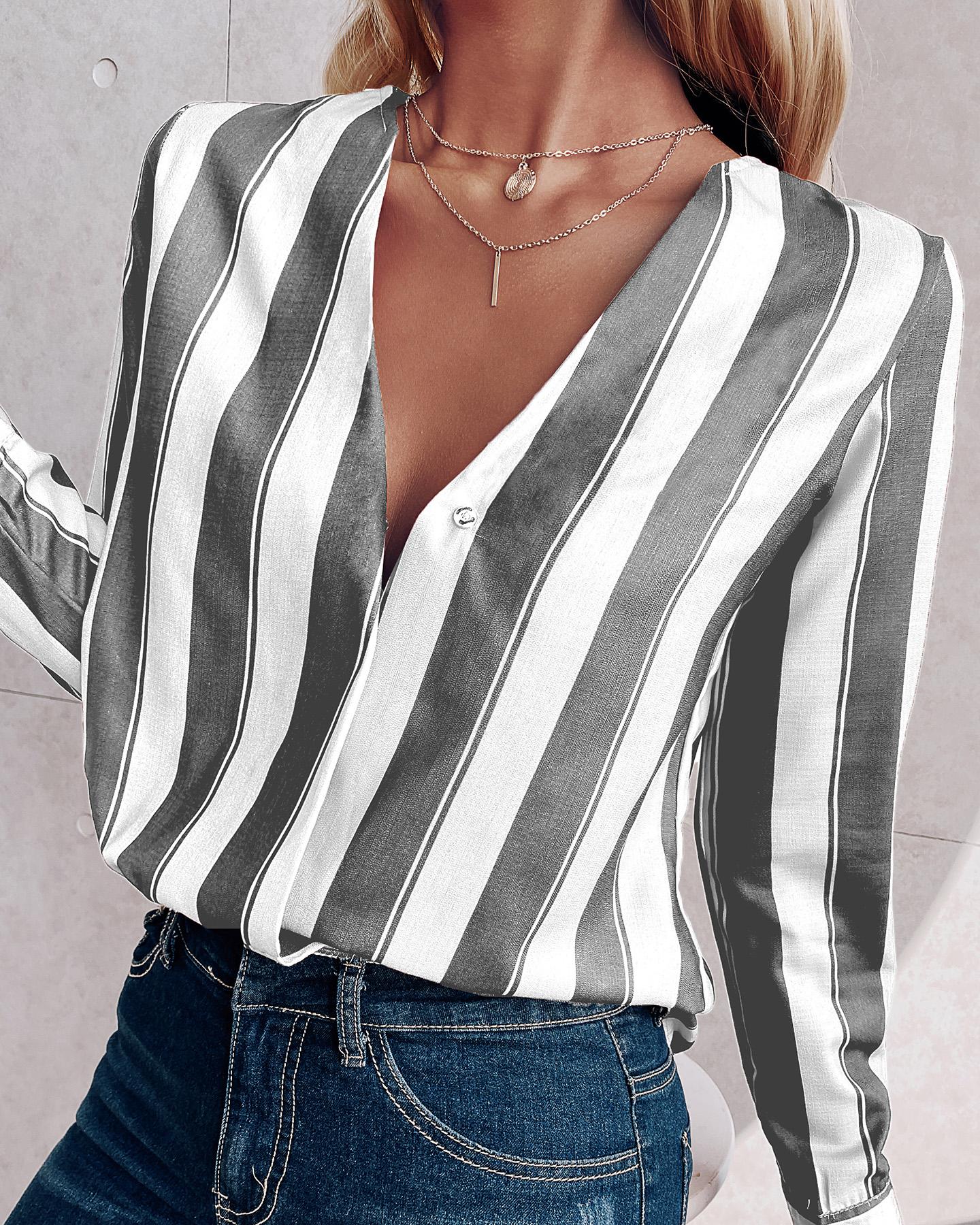 

Stripes Deep V Long Sleeve Casual Blouse, Gray