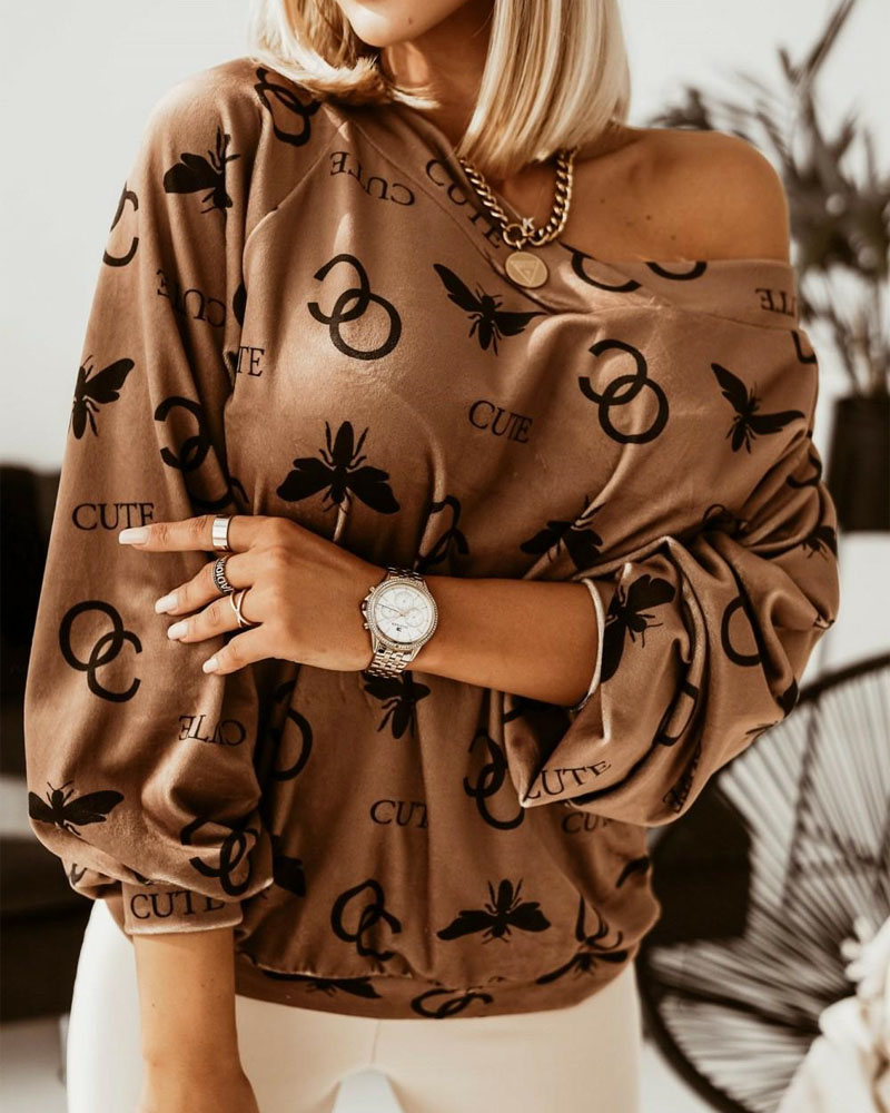 

Butterfly Letter Print Lantern Sleeve Sweatshirt, Khaki