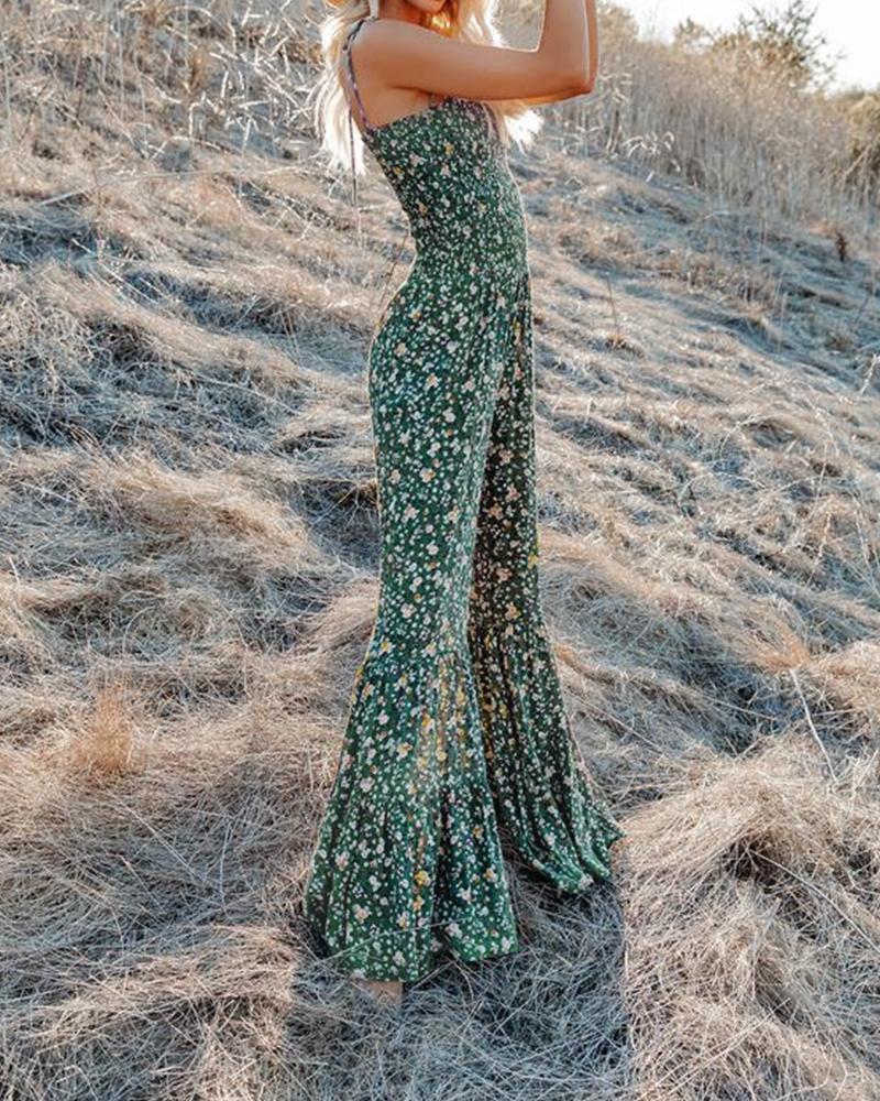 

Ditsy Floral Print Spaghetti Strap Jumpsuit, Green