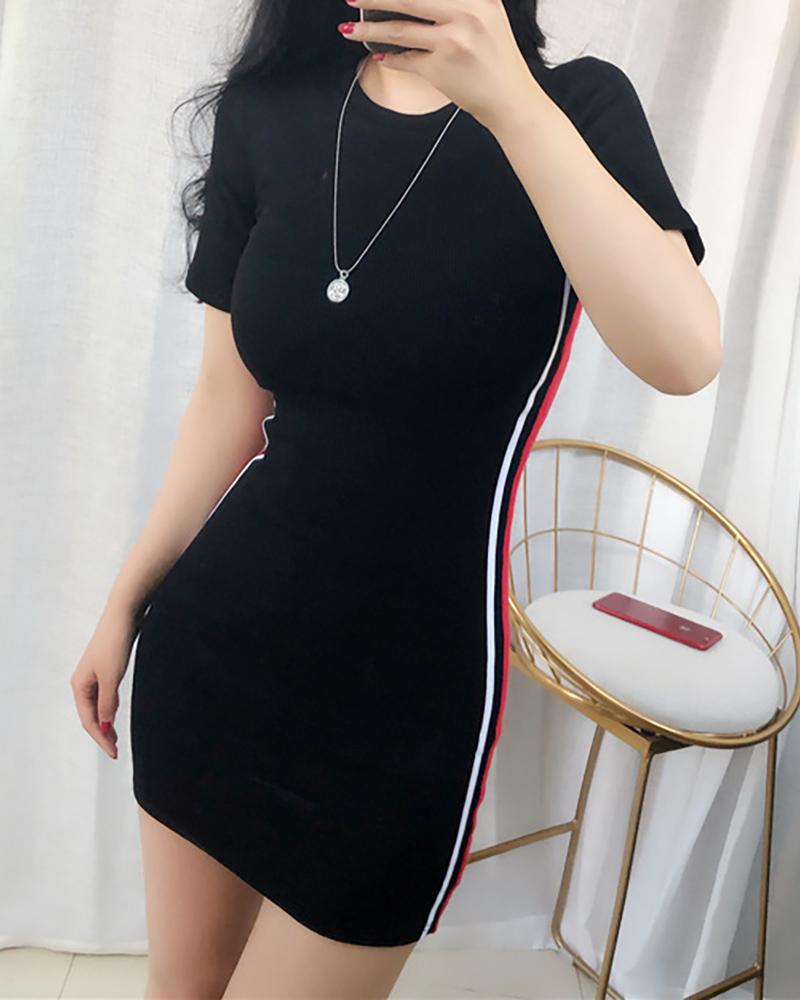 

Striped Tape Colorblock Short Sleeve Bodycon Dress, Black