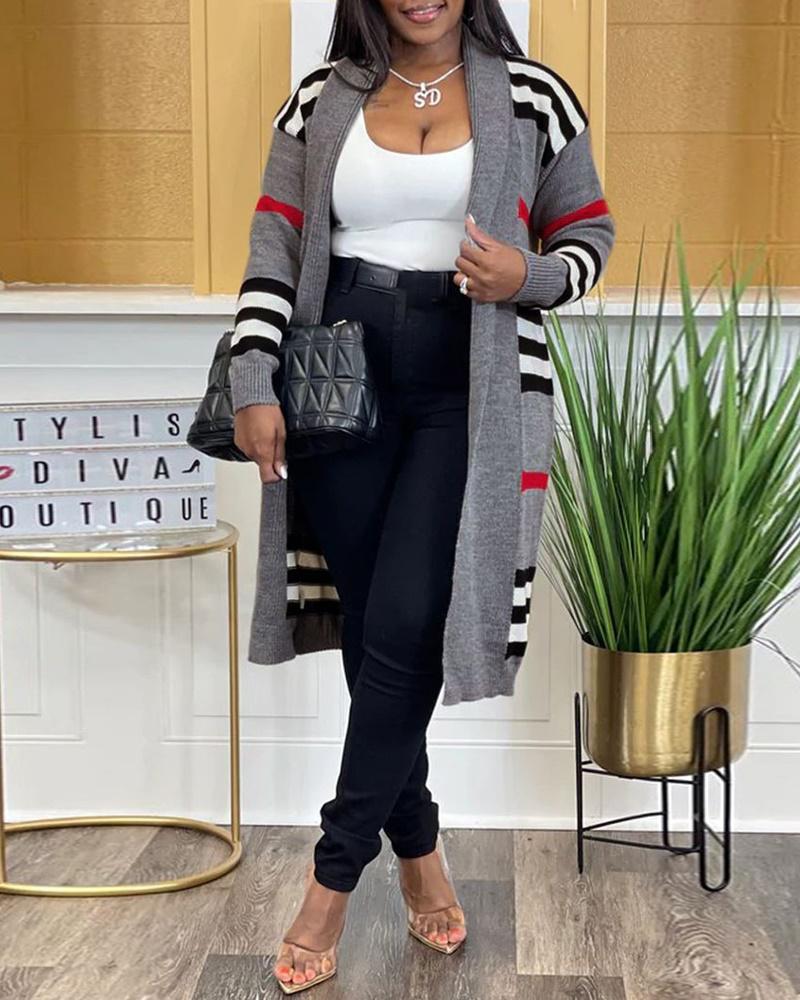 

Striped Open Front Longline Cardigan, Gray
