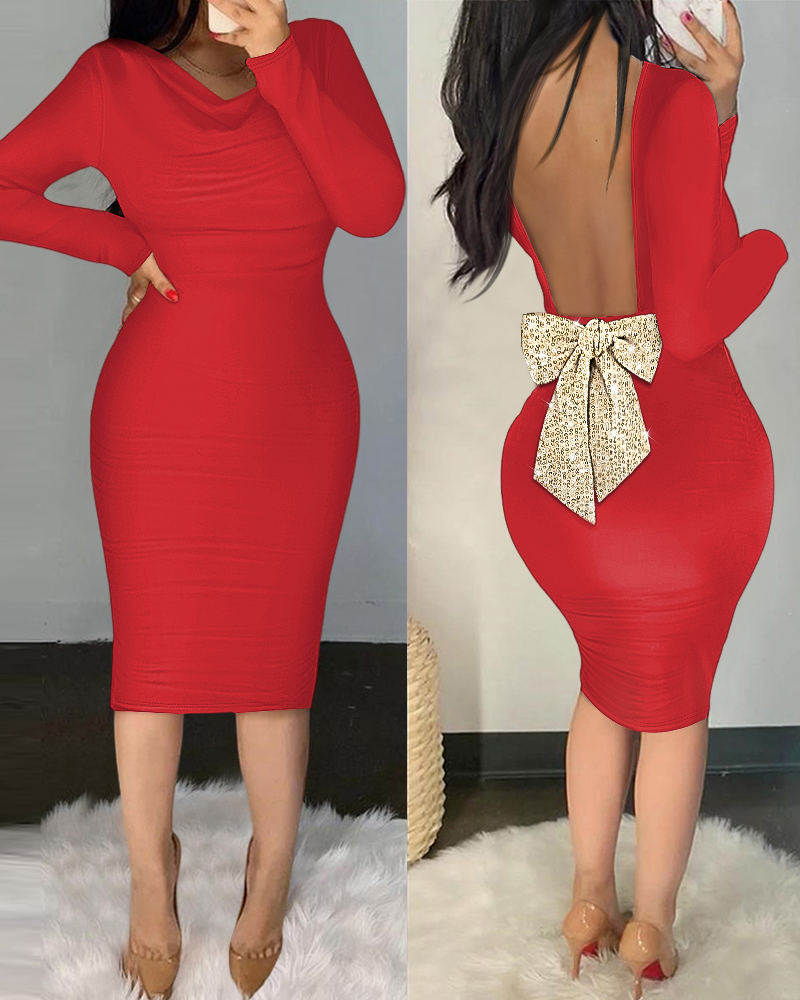 

Vestido longo com decote canoa e manga comprida franzido, bodycon, com lantejoulas brilhantes, decoração com laço, costas nuas, vestidos midi, Red
