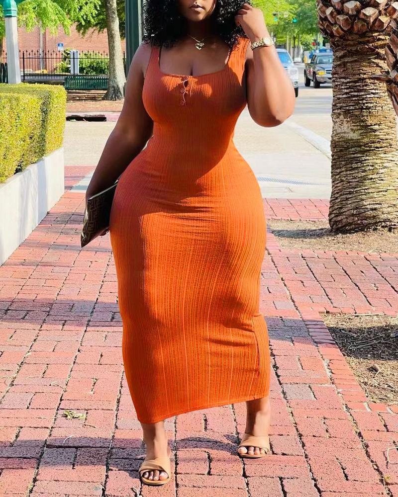 

Plus Size Button Front U-Neck Ribbed Tank Dress, Orange