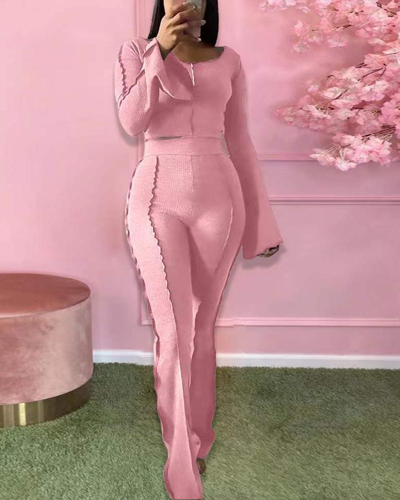 

Ribbed Bell Sleeve Crop Top & Pants Set, Pink