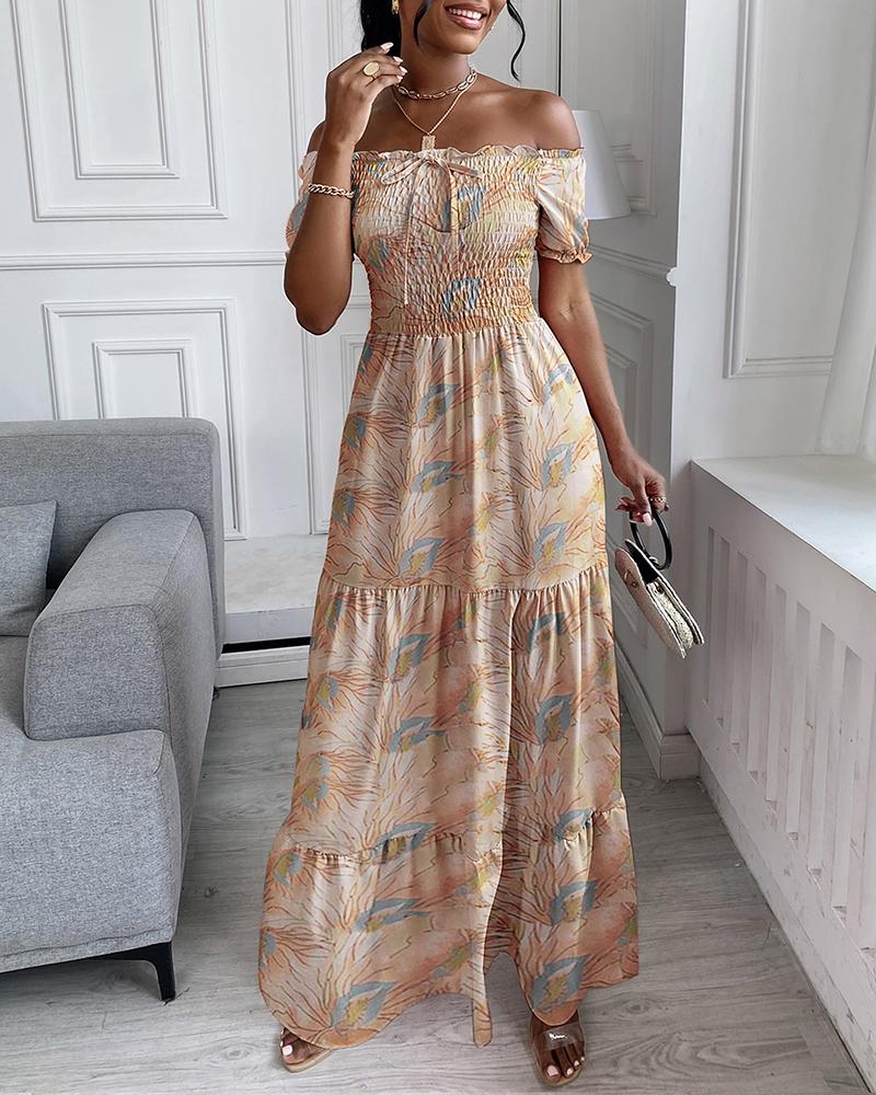 

Off Shoulder Floral Print Shirring Detail Maxi Dress, Apricot