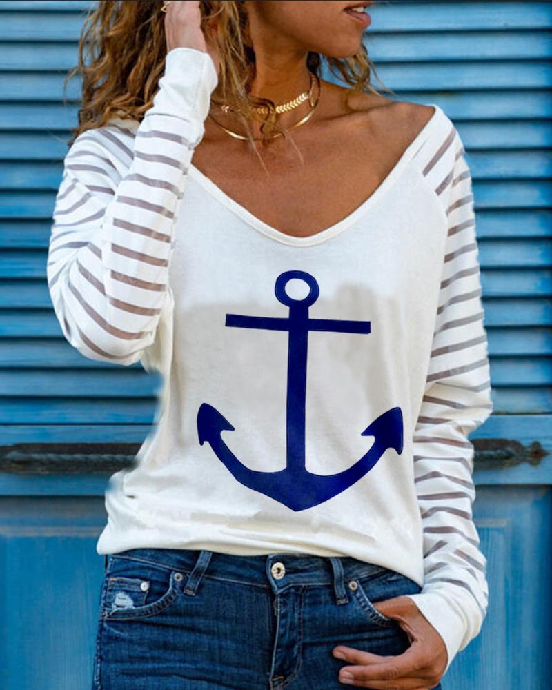 

Anchor Striped Print Casual T-shirt, White