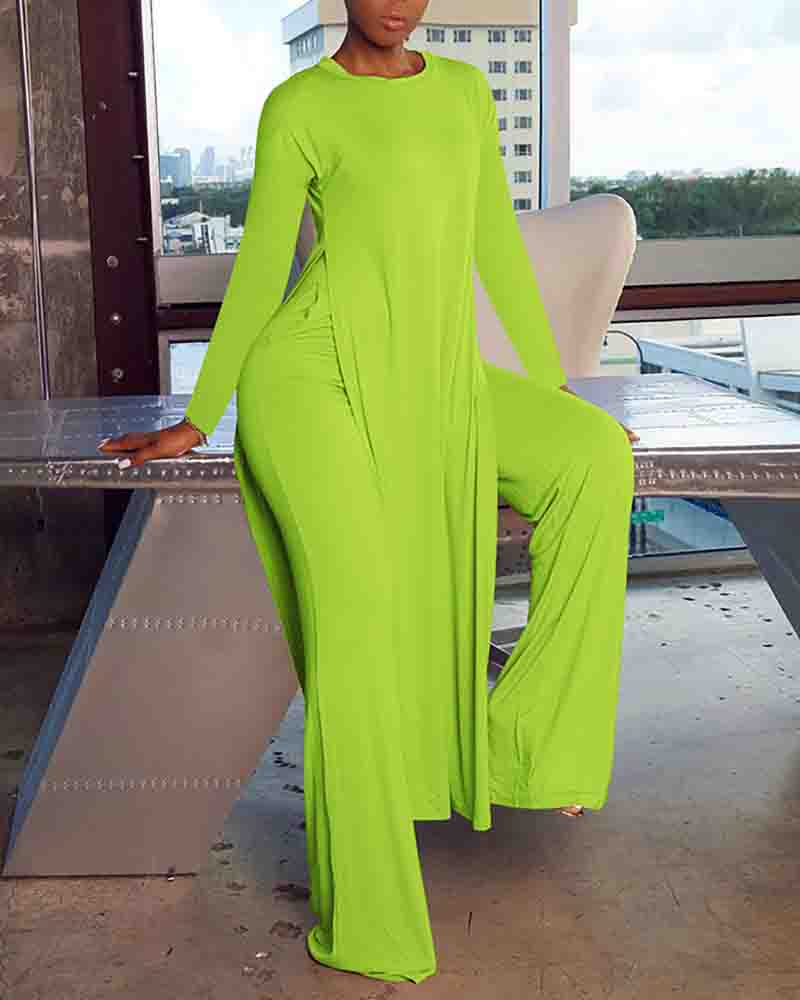 

High Slit Longline Top & Pocket Design Pants Set, Green