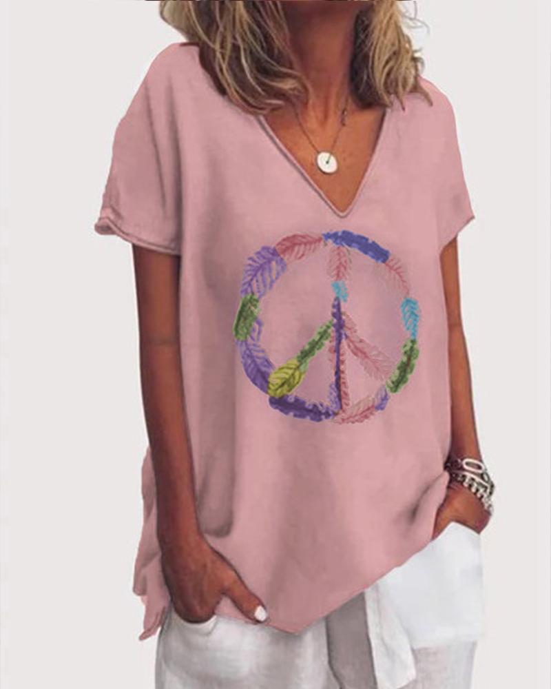 

Leaf Print V-Neck Casual T-shirt, Pink