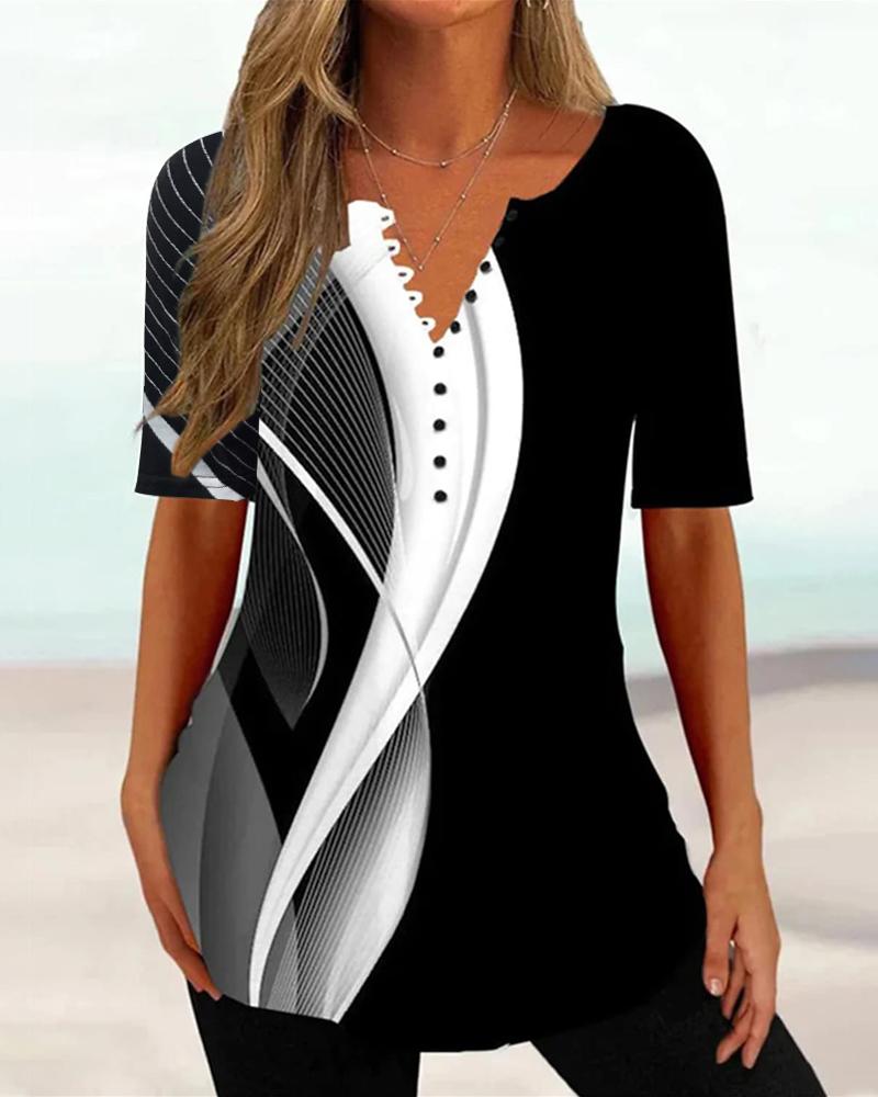 

Abstract Print Colorblock Buttoned T-shirt, Black