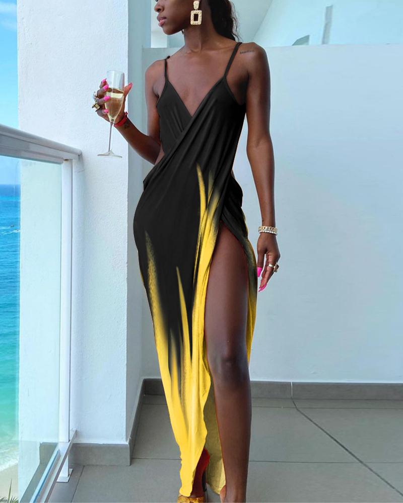 

Colorblock High Slit Ruched Backless Party Dress, Yellow