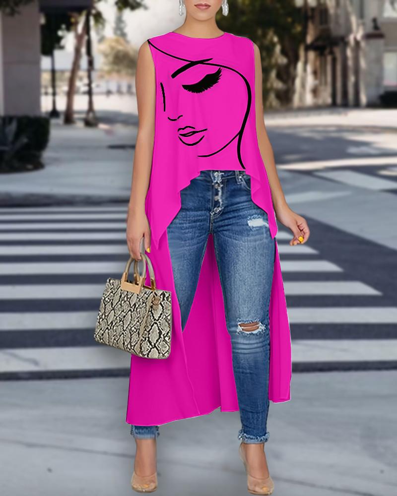 

Figure Print Asymmetrical Tank Top, Hot pink