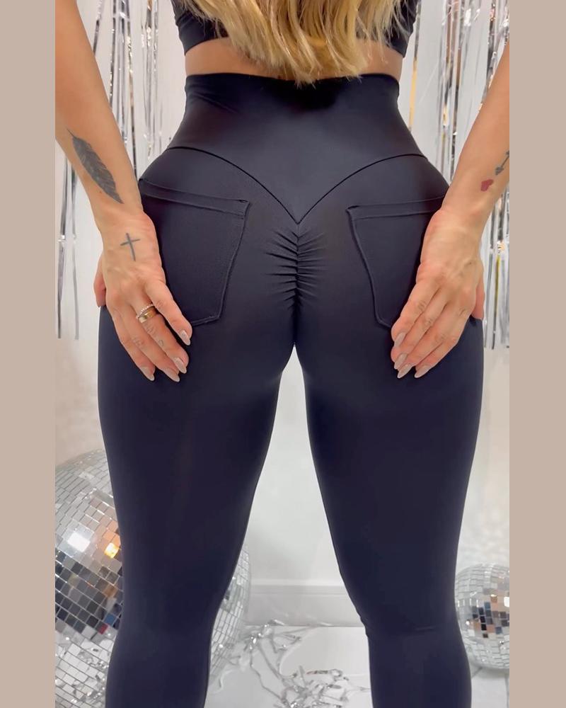 

High Waist Pocket Design Ruched Sporty Leggings, Black