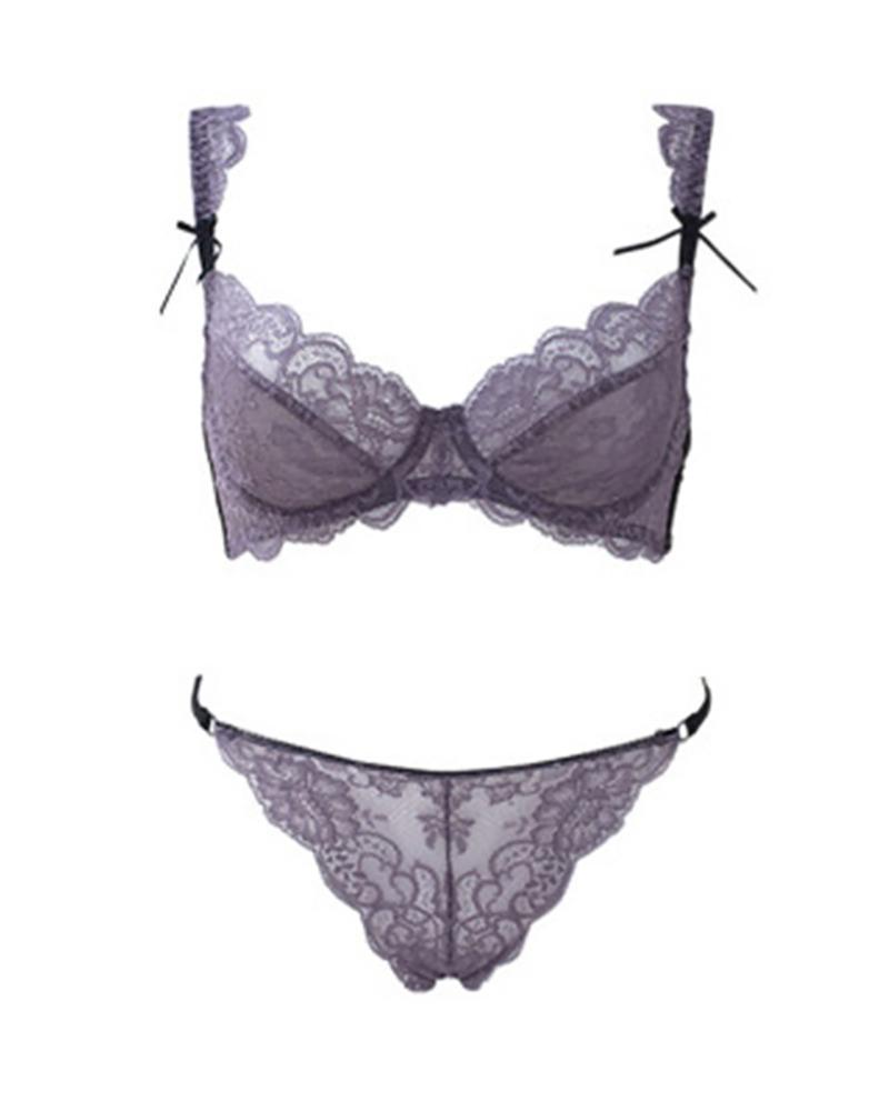 

Crochet Lace Sheer Mesh Lingerie Set, Purple