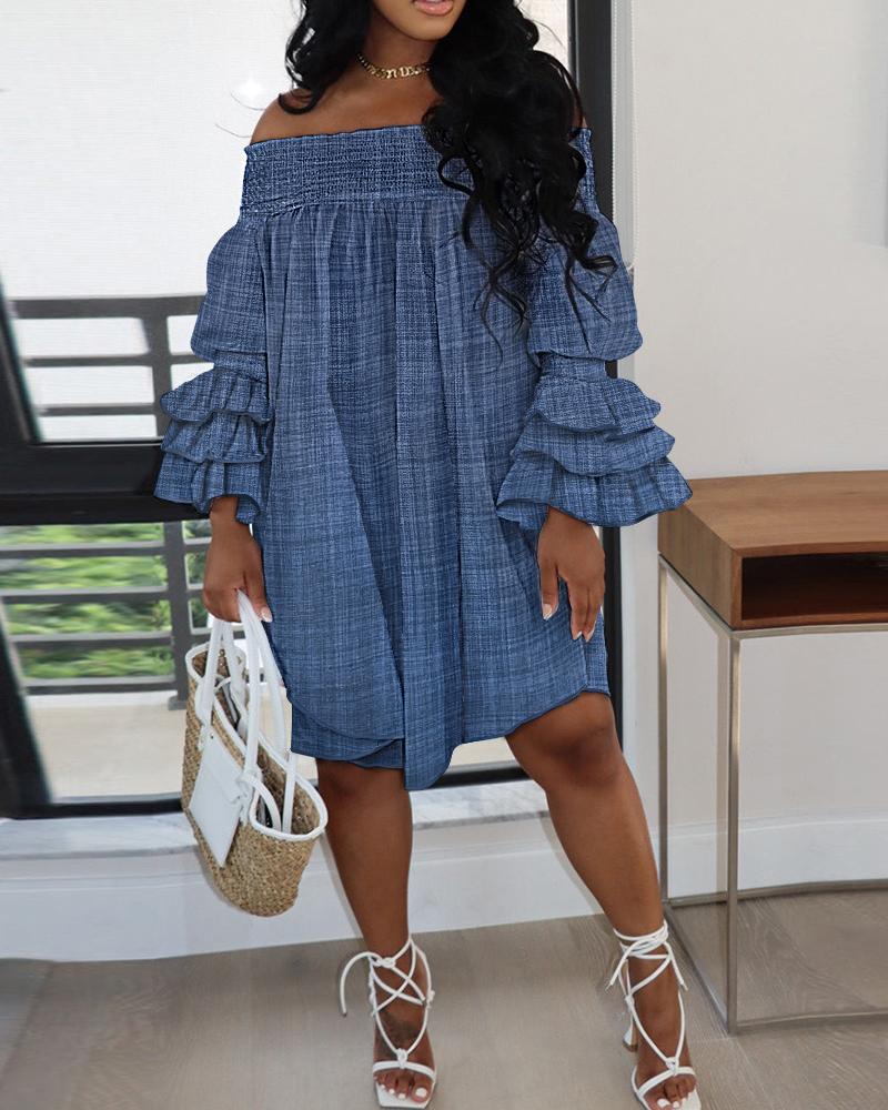 

Off Shoulder Shirred Layered Ruffles Casual Dress, Blue