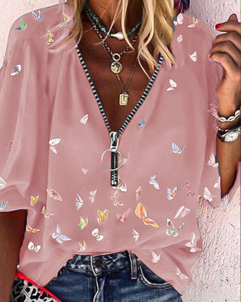 

Butterflies Print Zipper Long Sleeve Shirt, Pink