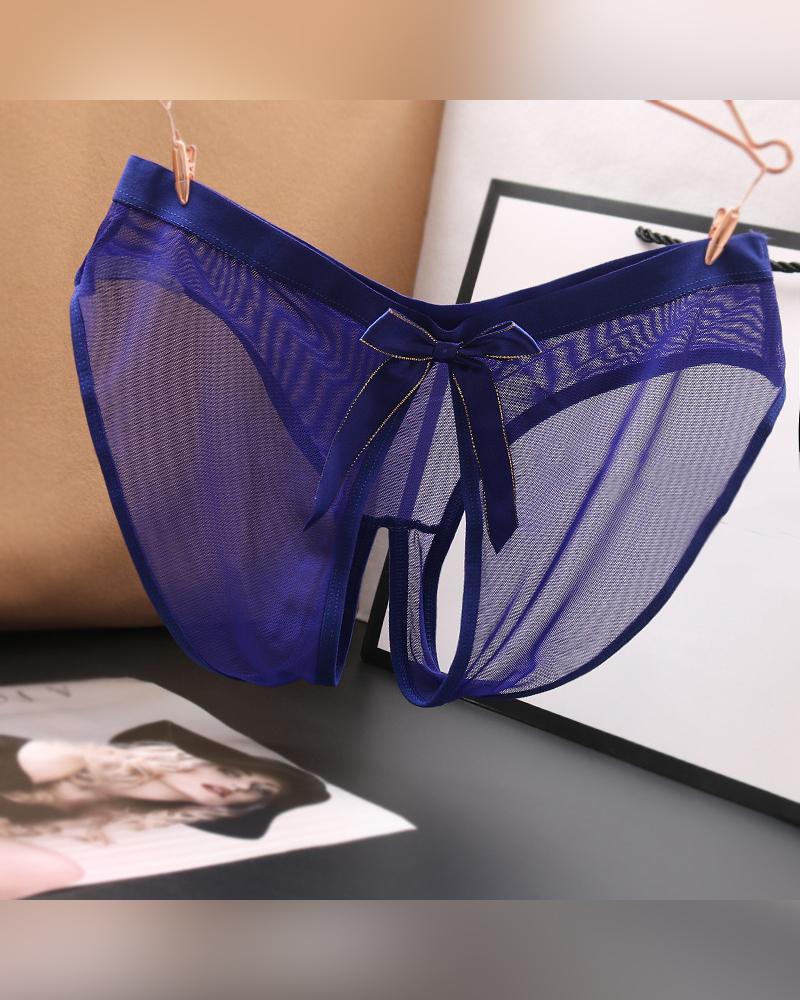 

Solid Color Mesh Open File Bowknot Sexy Triangle Underwear Panties, Blue