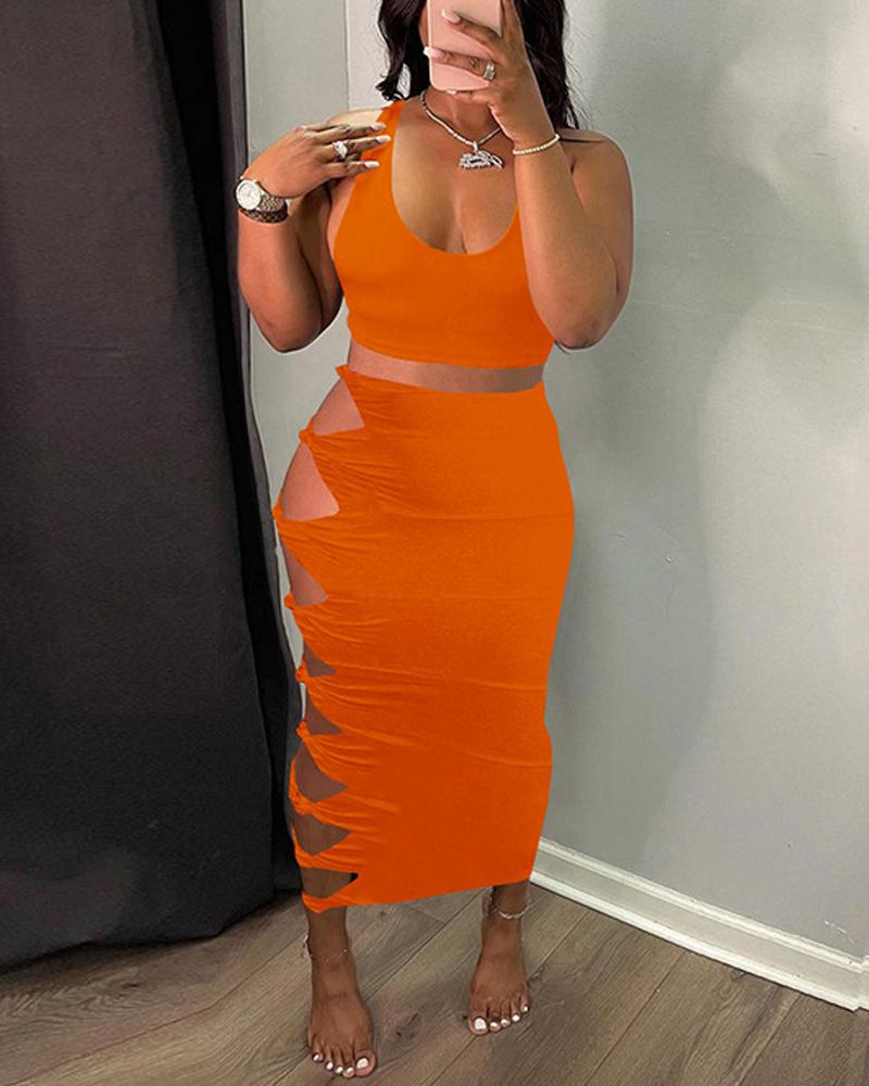 

Crop Top & Ladder Cutout Maxi Skirt Set, Orange