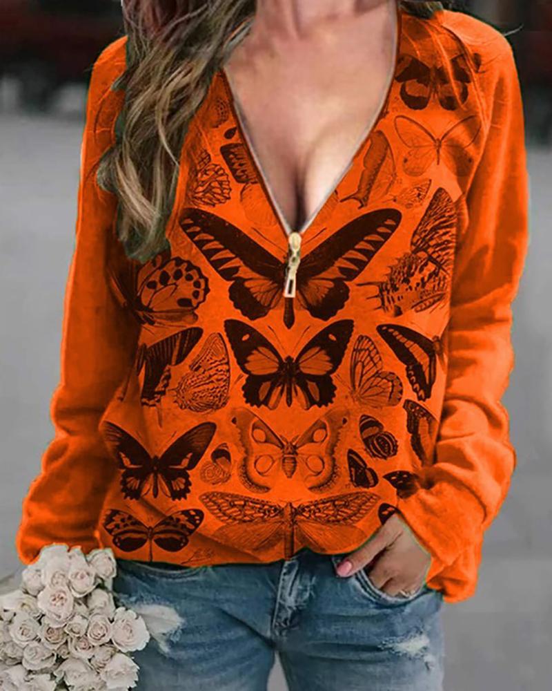 

Long Sleeve Butterfly Print Zipper Design Top, Orange