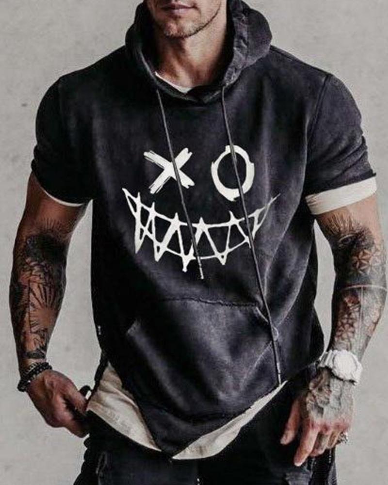 

Graphic Print Short Sleeve Loose Hooded Sweatshirts, Black
