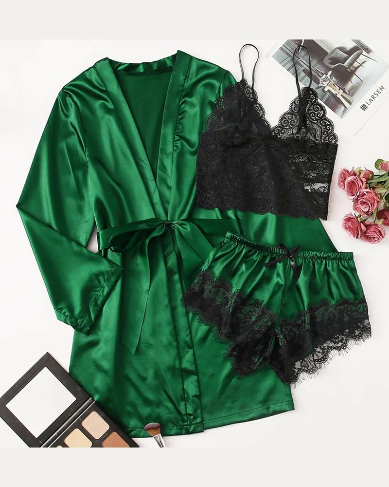 

Satin Lace Three-piece Pajamas Sets, Green