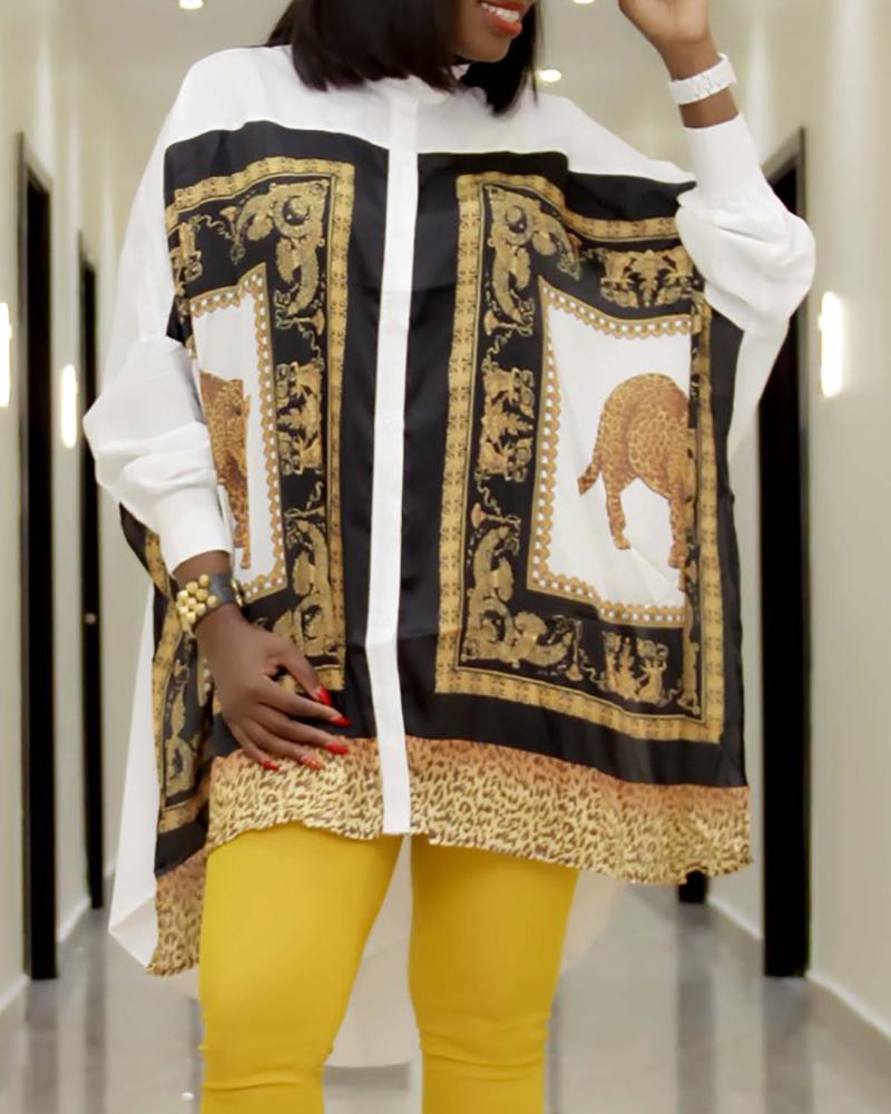 

Cheetah Graphic Print Dip Hem Shirt Dress, Multicolor