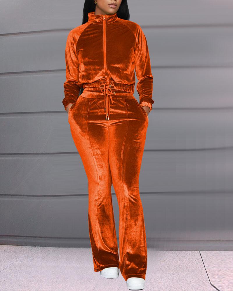 

Velvet Long Sleeve Zip Up Top & Drawstring Pants Set, Orange