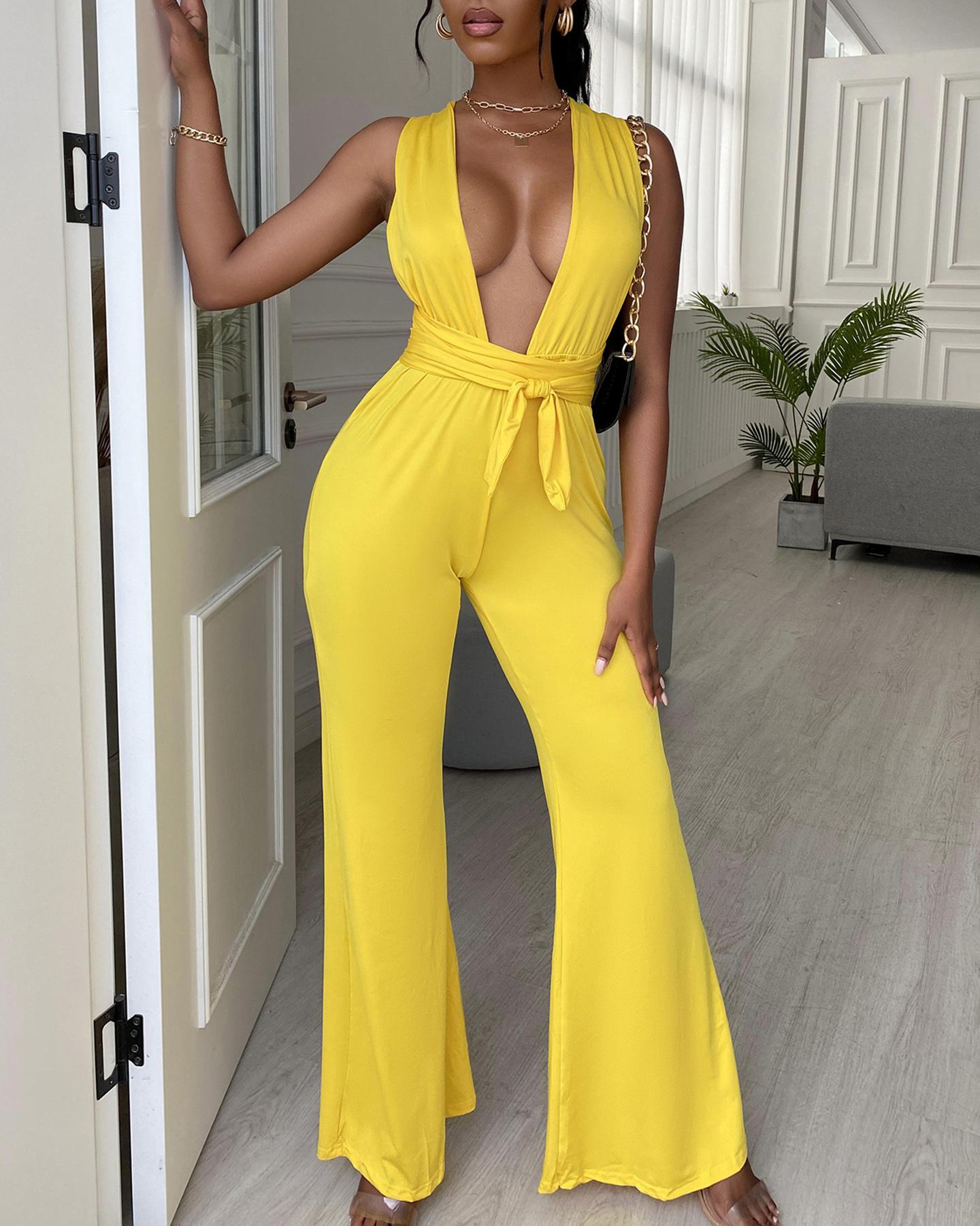 

Halter Plunge Tie Waist Wide Leg Jumpsuit, Yellow