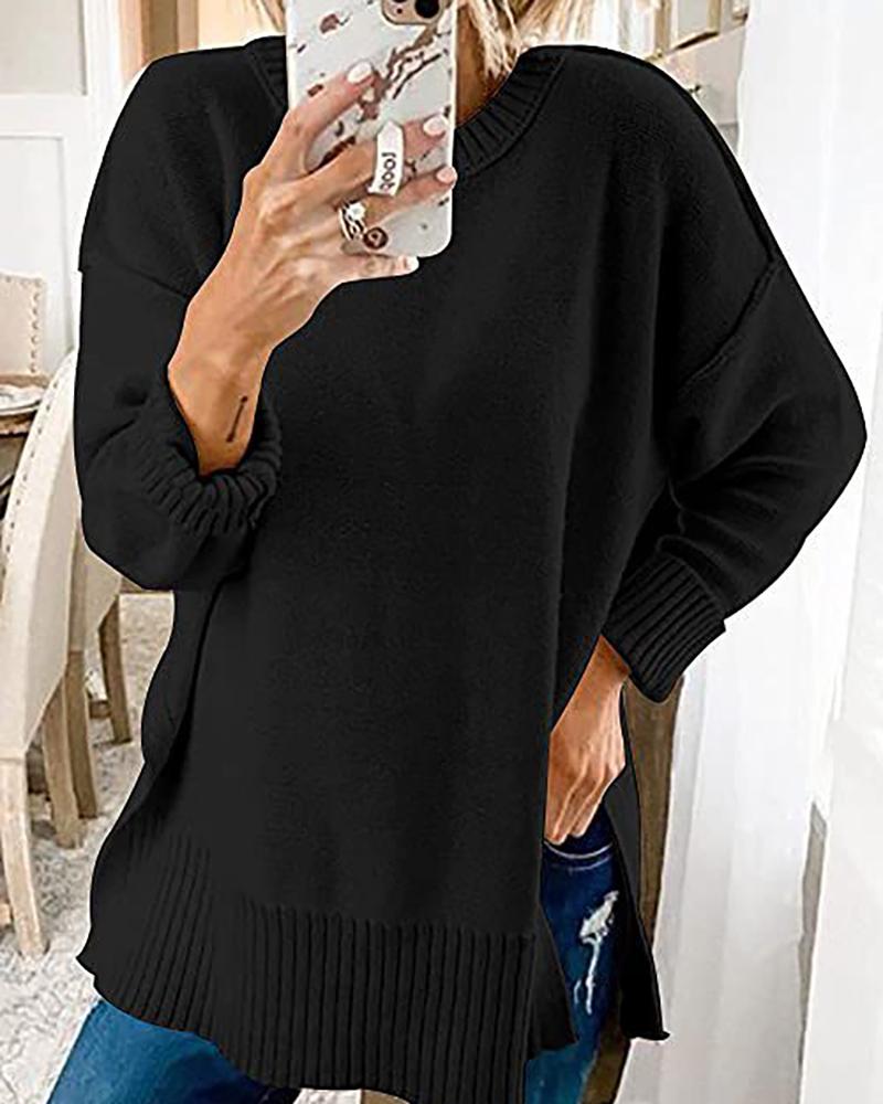 

Long Sleeve Slit Casual Sweater, Black