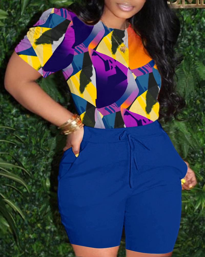 

Plus Size Abstract Geometric Print Top & Drawstring Shorts Set, Blue