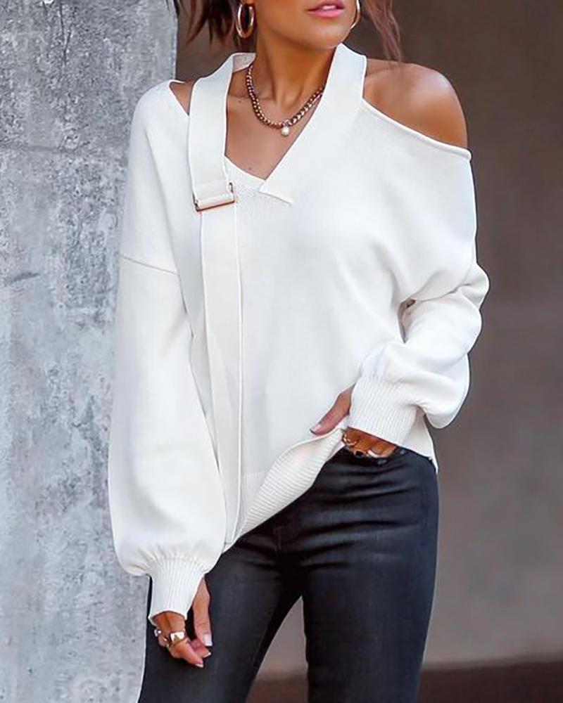 

Cold Shoulder Lantern Sleeve Buckled Top, White