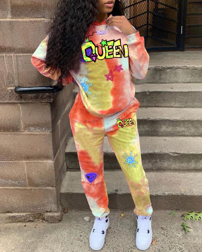 

Tie Dye Letter Hooded Sweatshirt & Pocket Design Pants Set, Pink