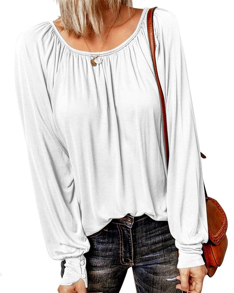 

Round Neck Long Sleeve Ruched Top, White
