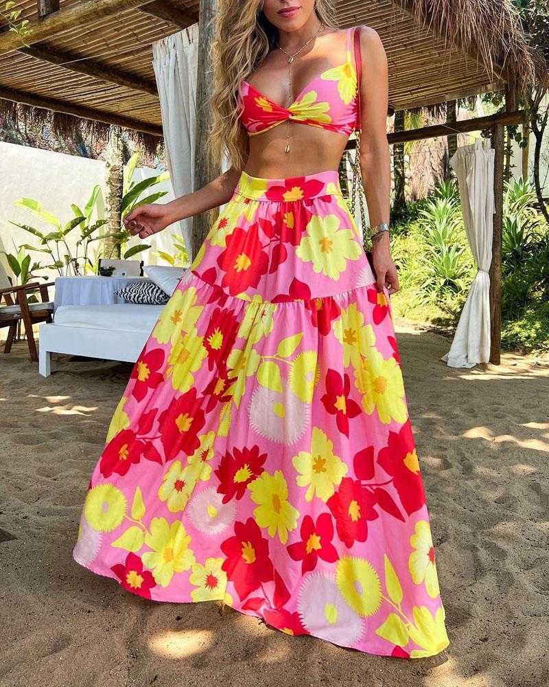 

Floral Print Twist Crop Top & Maxi Skirt Set, Multicolor