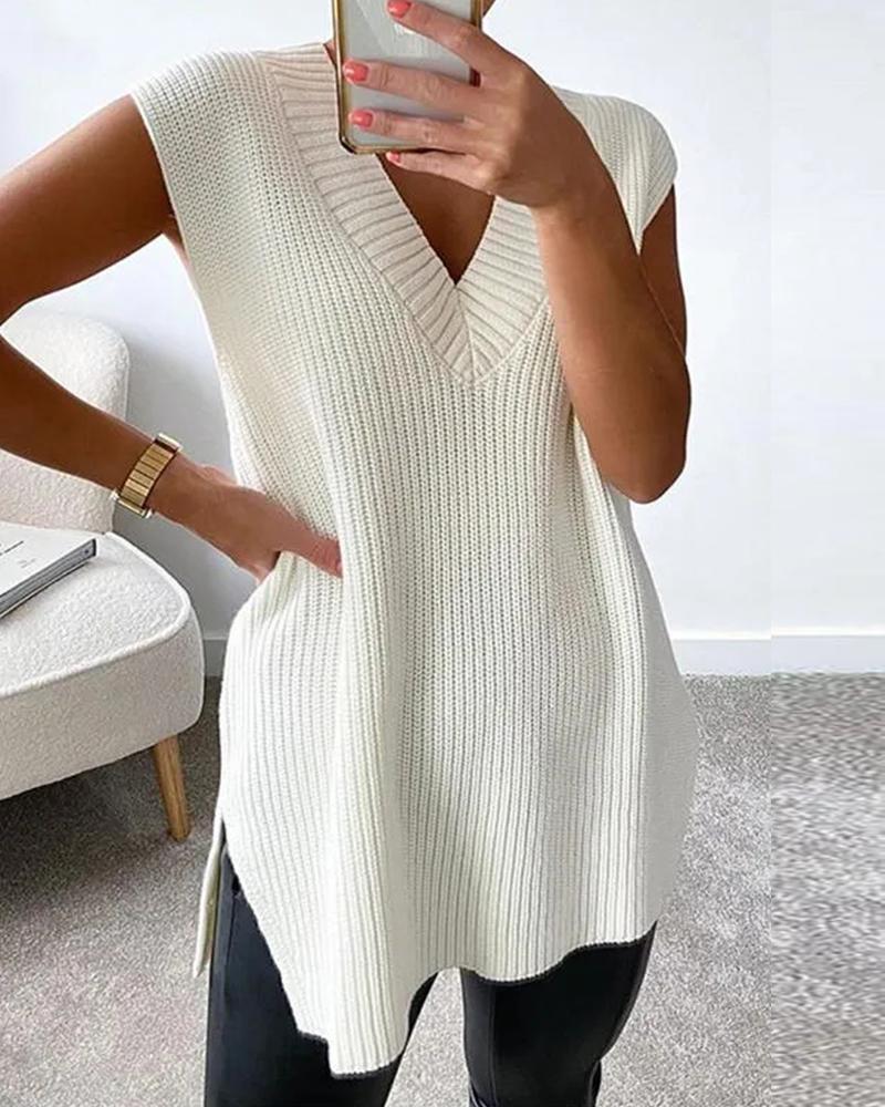 

Solid V-Neck Split Hem Ribbed Knit Sweater Vest, Beige