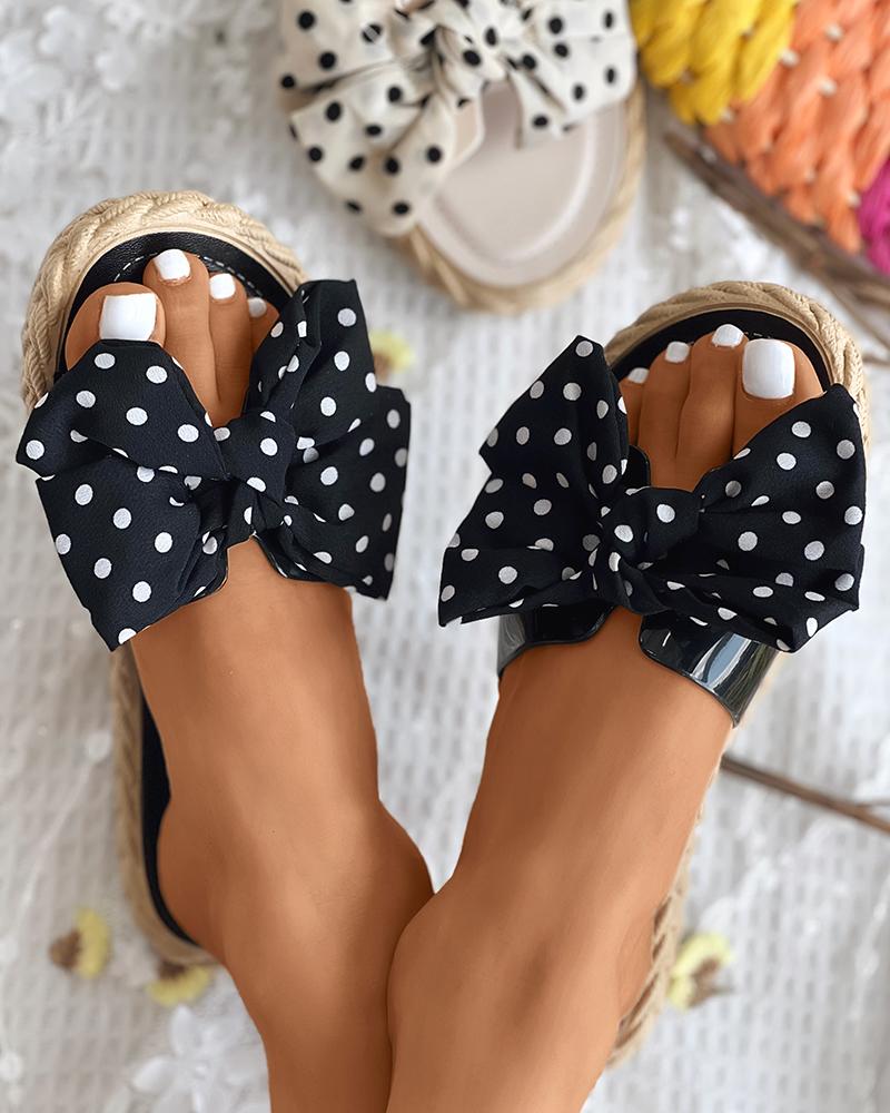 

Bowknot Decor Polka Dot Print Slippers, Black