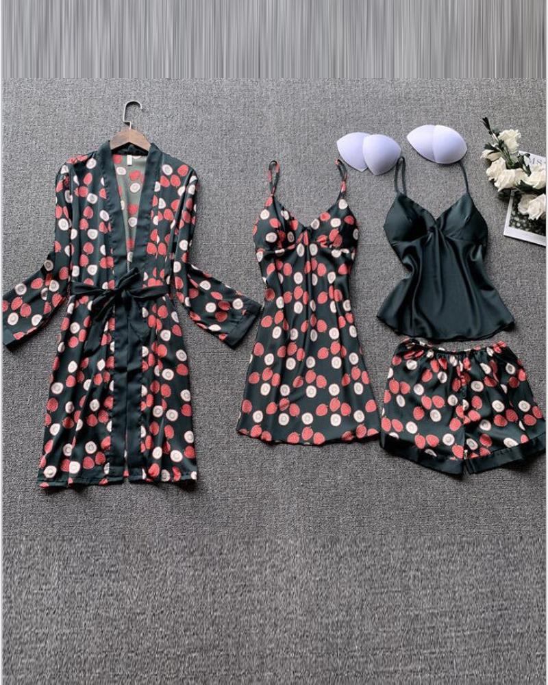 

4PCS Strawberry Print Padded Cami Set With Nightdress & Belted Robe, Style4