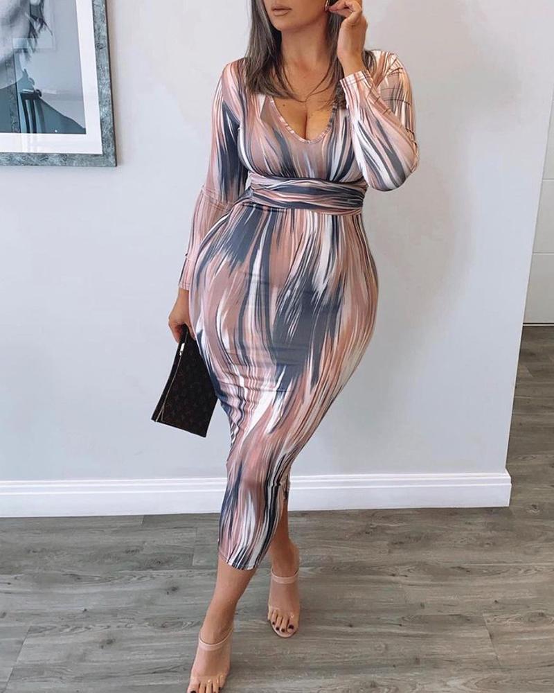 

Long Sleeve V Neck Abstract Print Dress, Multicolor
