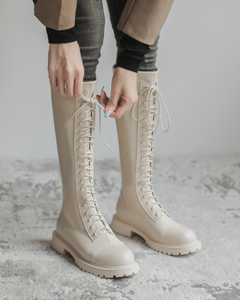 

Round Toe Patchwork Lace-up High Boots, Apricot