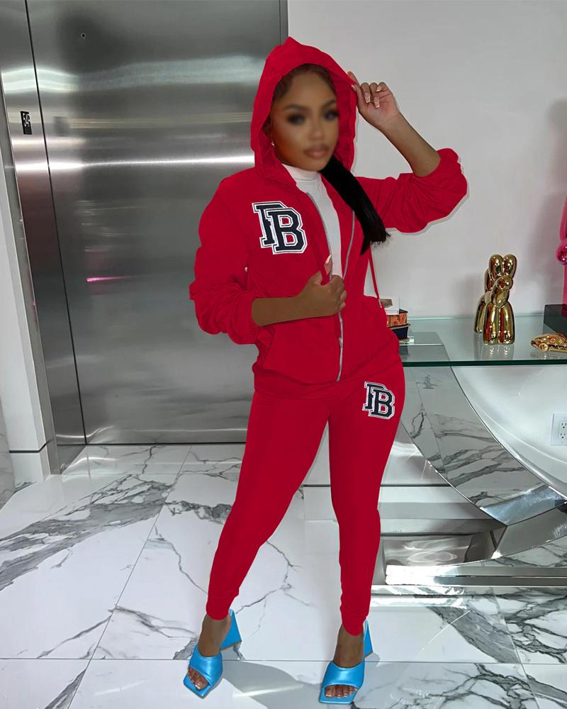 

Letter Patch Zip Up Hooded Top & Pants Set, Red
