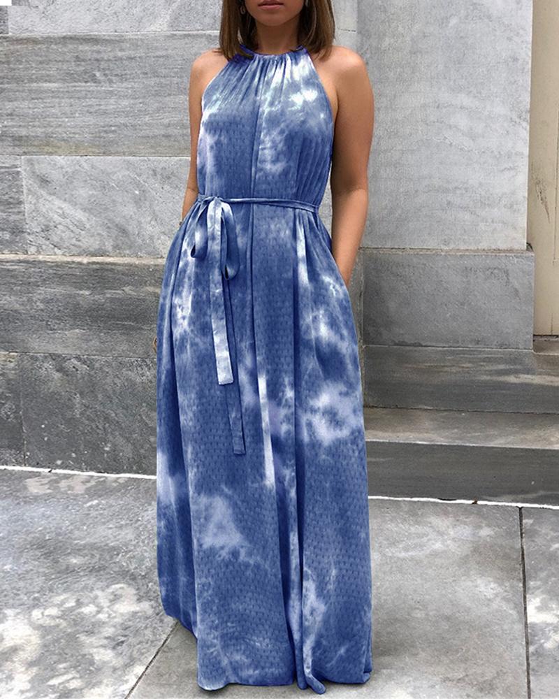 

Tie Dye Print Knotted Back Maxi Dress, Blue