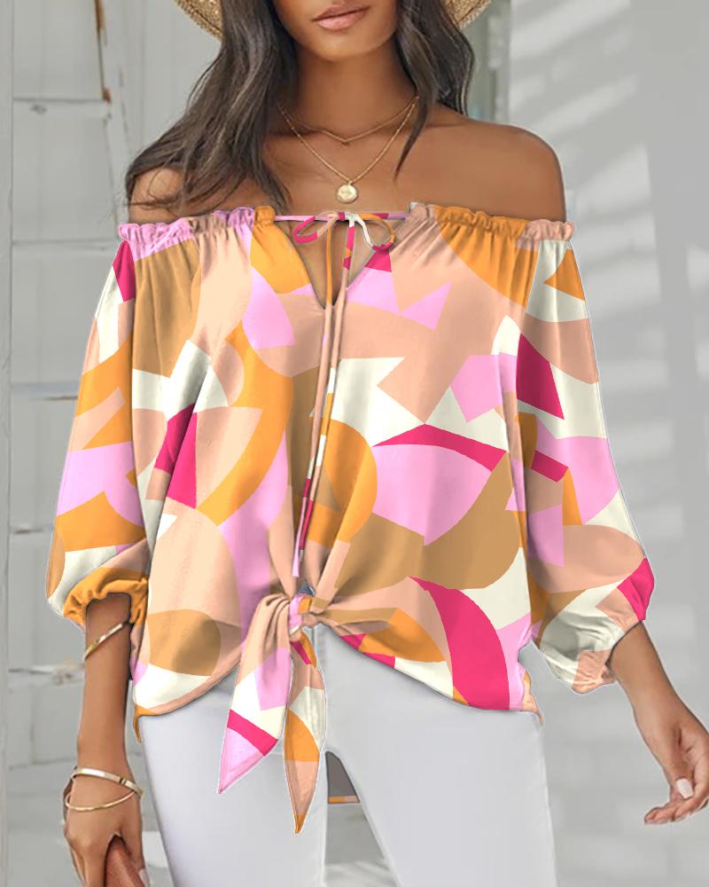 

Colorblock Geo Print Tied Detail Off Shoulder Top, Multicolor