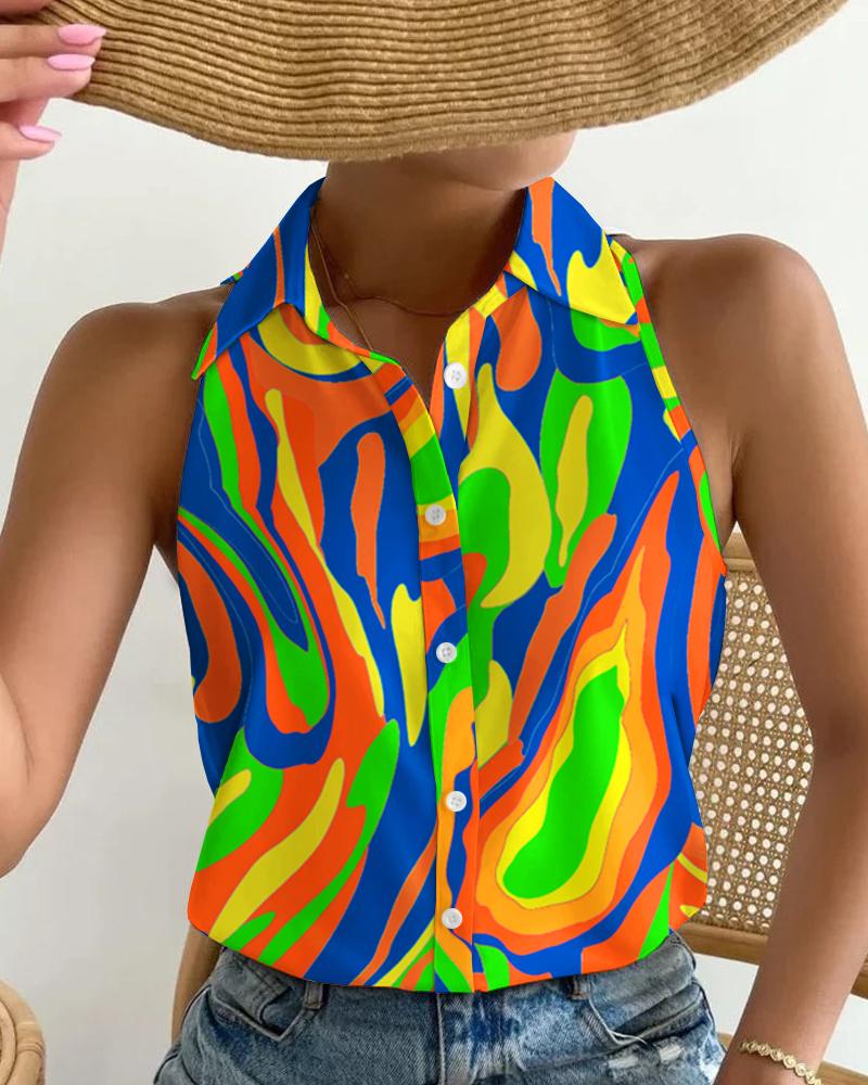 

Multi-Color Abstract Print Button Front Top, Orange