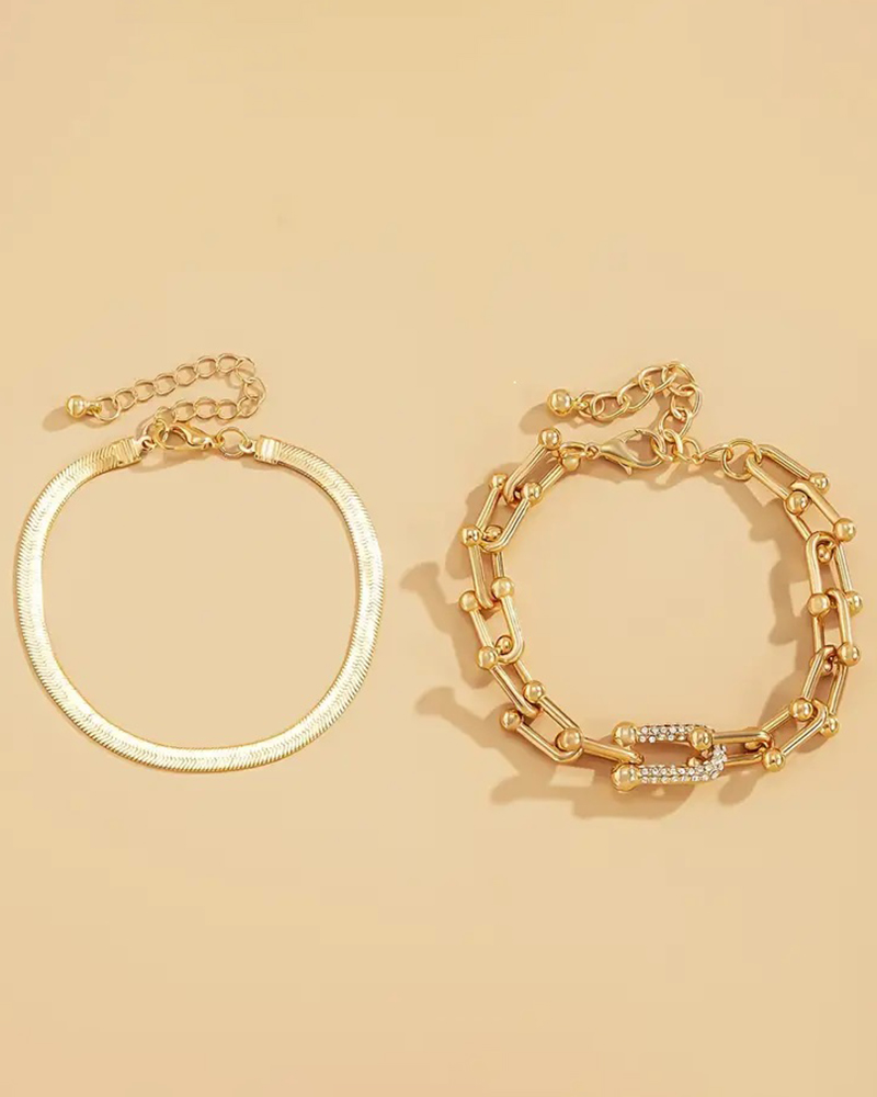 

2pcs Flat Snake Chain Diamond U-shaped Buckle Bracelets Set, Gold