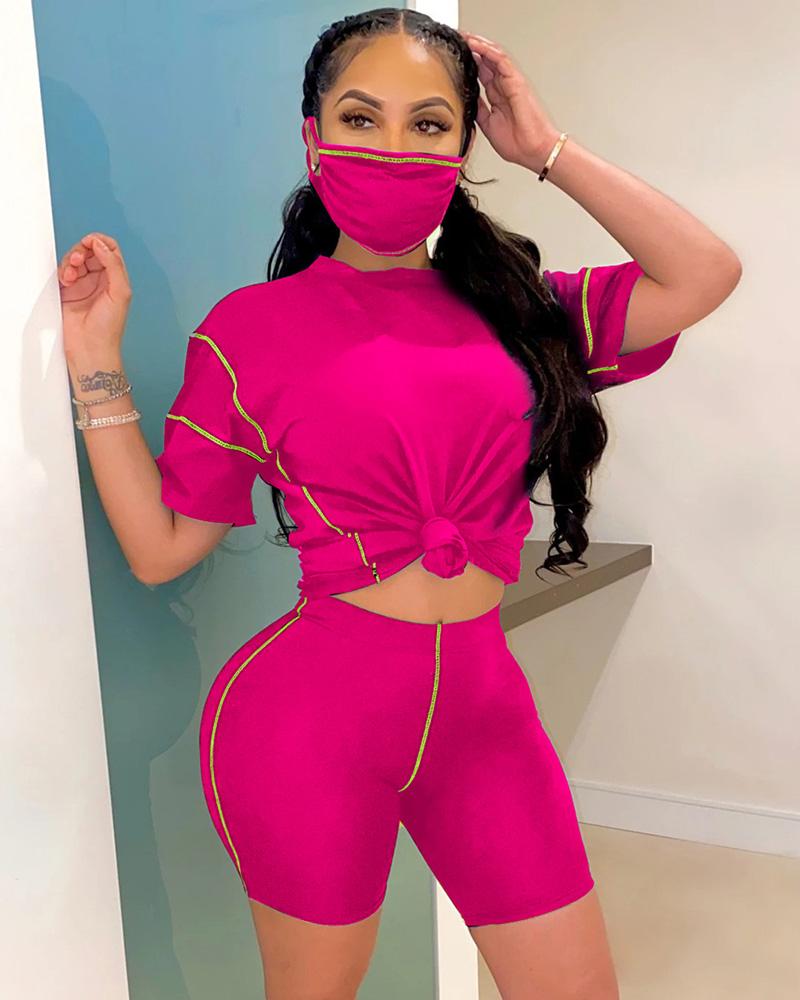 

Contrast Piping Short Sleeve Knotted Top & Shorts Set With Bandana, Hot pink
