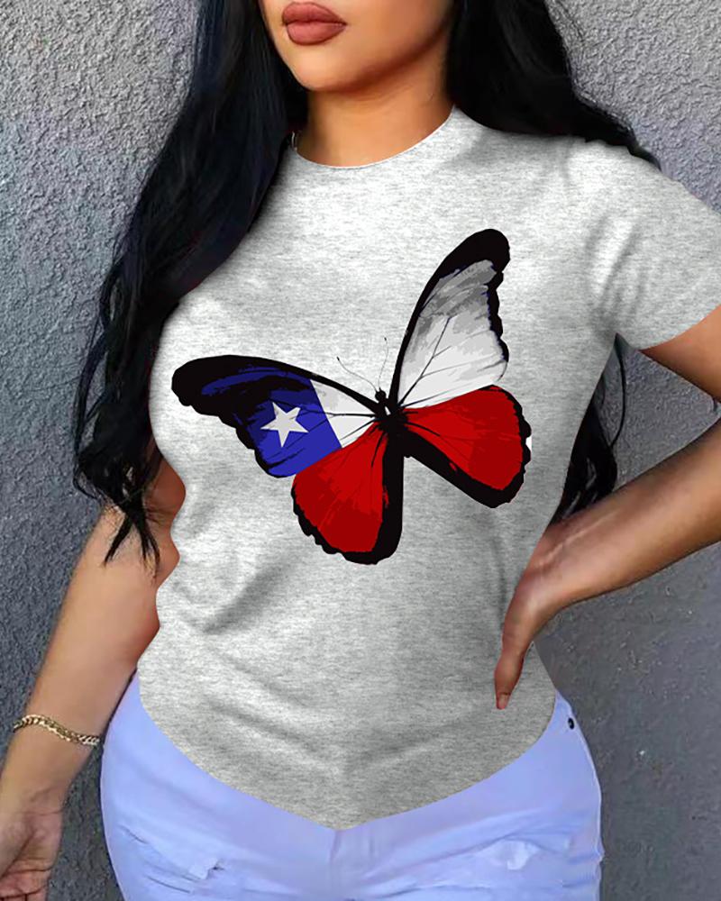 

Butterfly Print O-neck Short Sleeve T-shirt, Gray