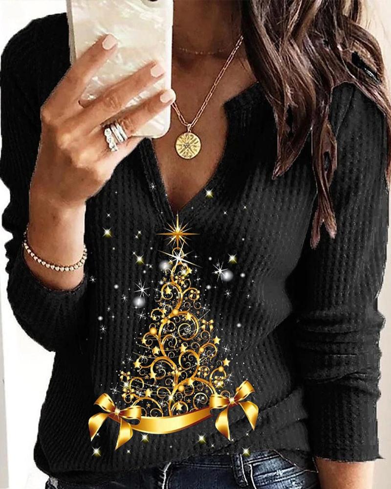 

Christmas Tree Print Long Sleeve Casual Top, Black