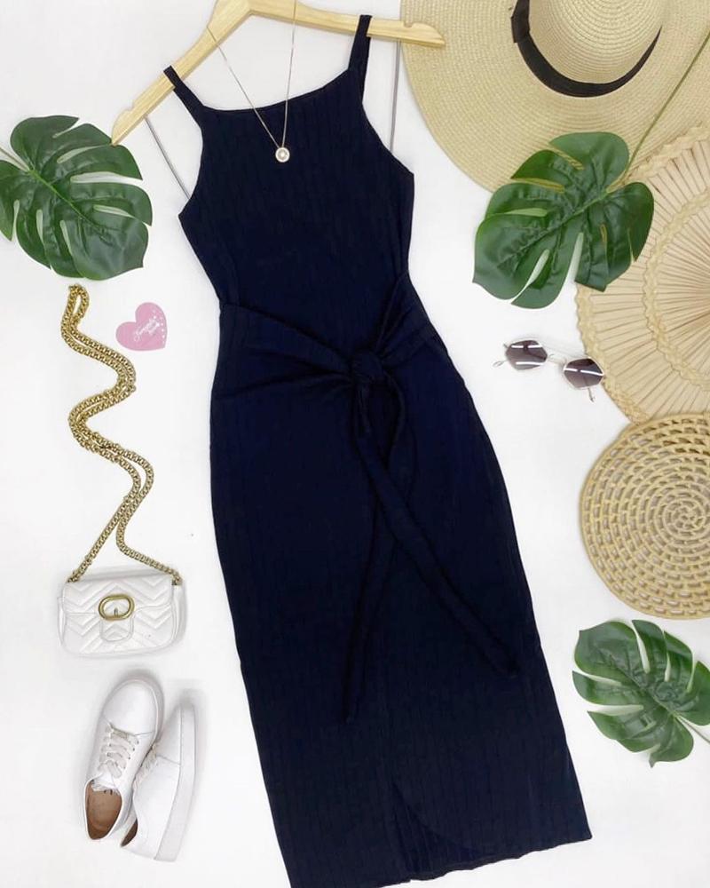 

Tied Detail Sleeveless Slit Dress, Black