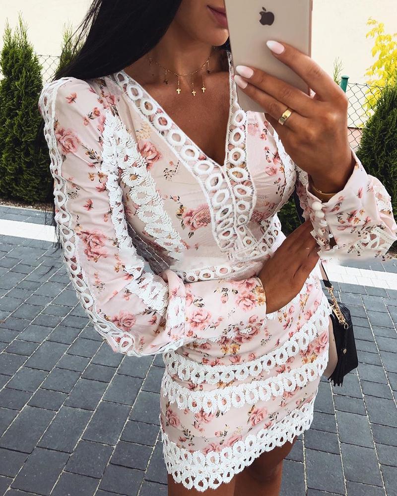 

Floral Print Lace Trim Bodycon Dress, Multicolor